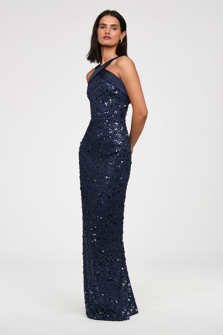 Kiki Beaded Column Gown, Alternate, color, Nautical Navy
