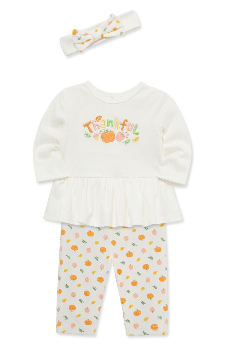 Little Me Thankful Bodysuit, Pants & Headband Set, Alternate, color, Pink Multi