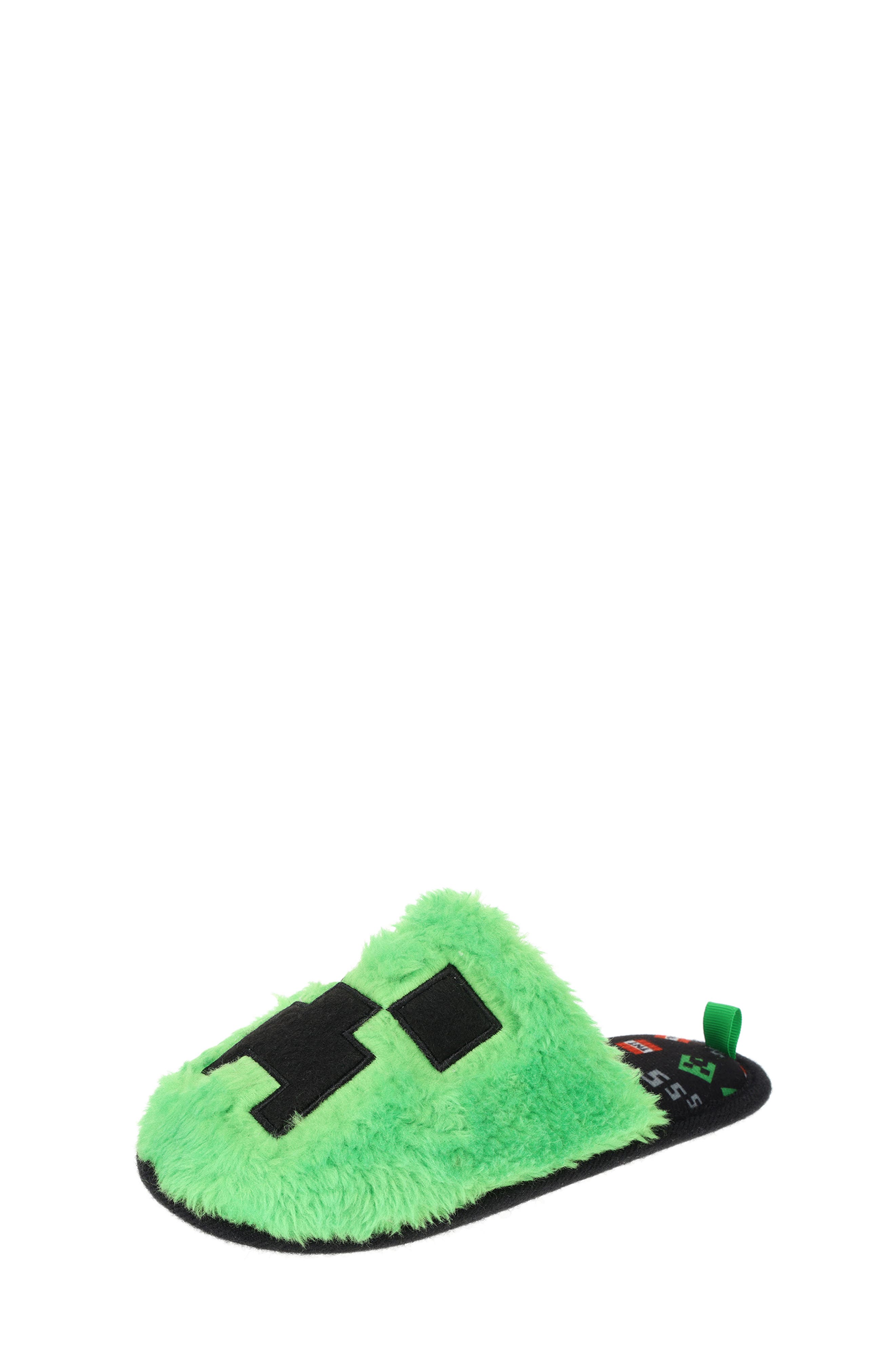 SG Footwear Kids' Minecraft Creeper Scuff Faux Fur Slipper, Alternate, color, Green