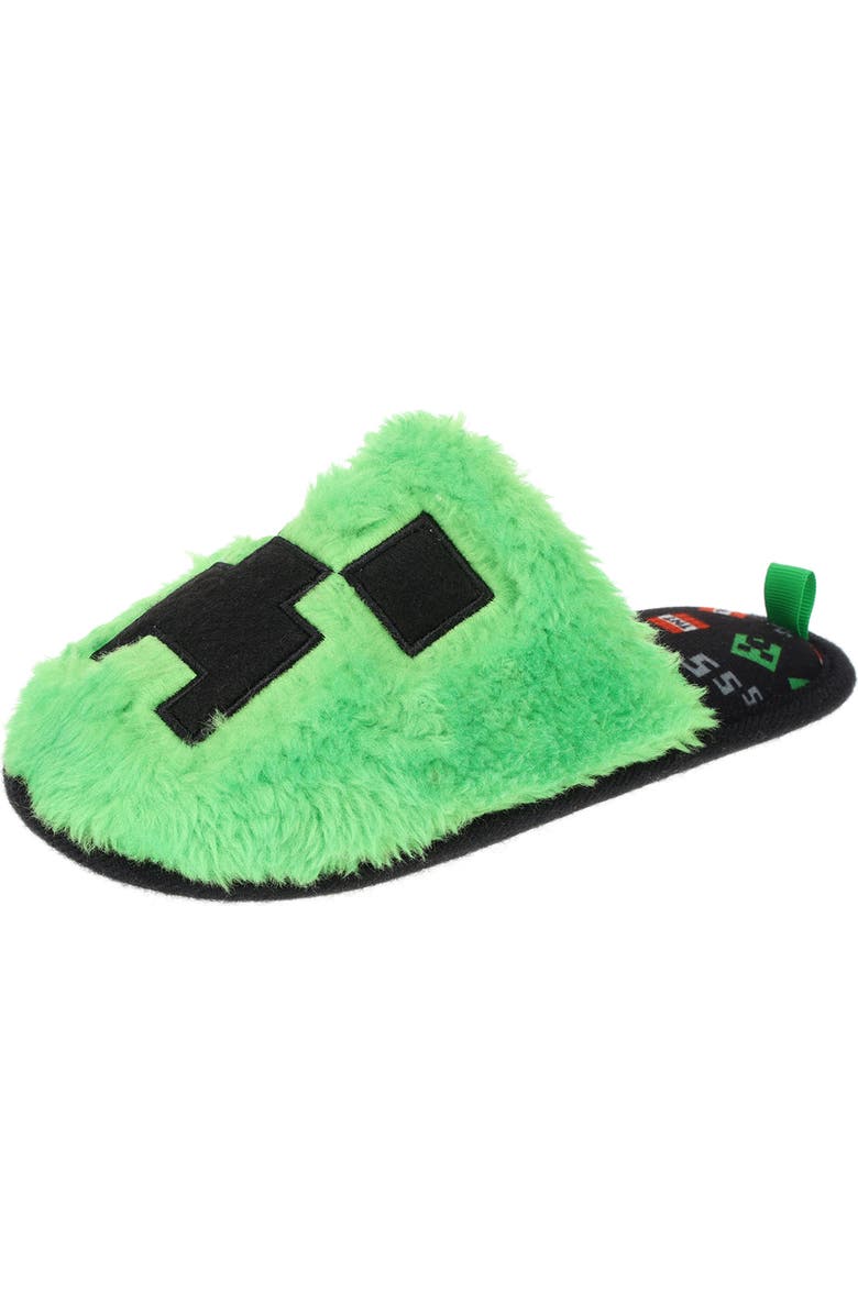 SG Footwear Kids' Minecraft Creeper Scuff Faux Fur Slipper, Alternate, color, Green