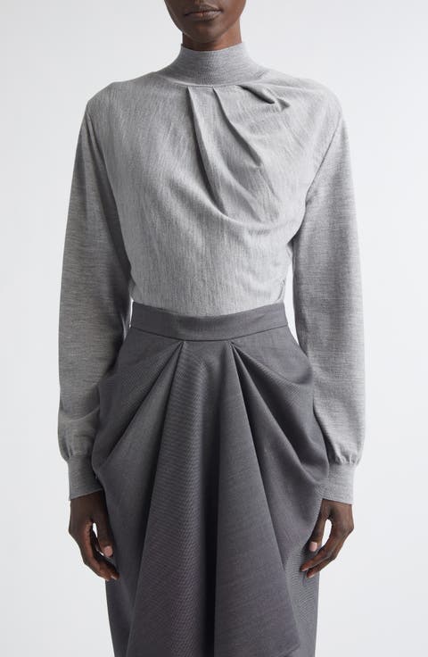 Draped Merino Wool Blend Mock Neck Sweater