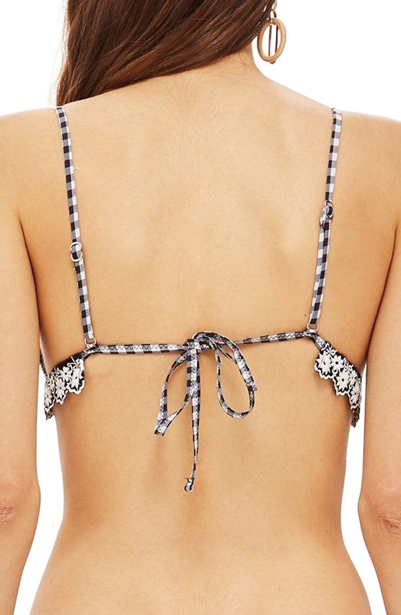 Topshop Gingham Embroidered Triangle Bikini Top, Alternate, color,