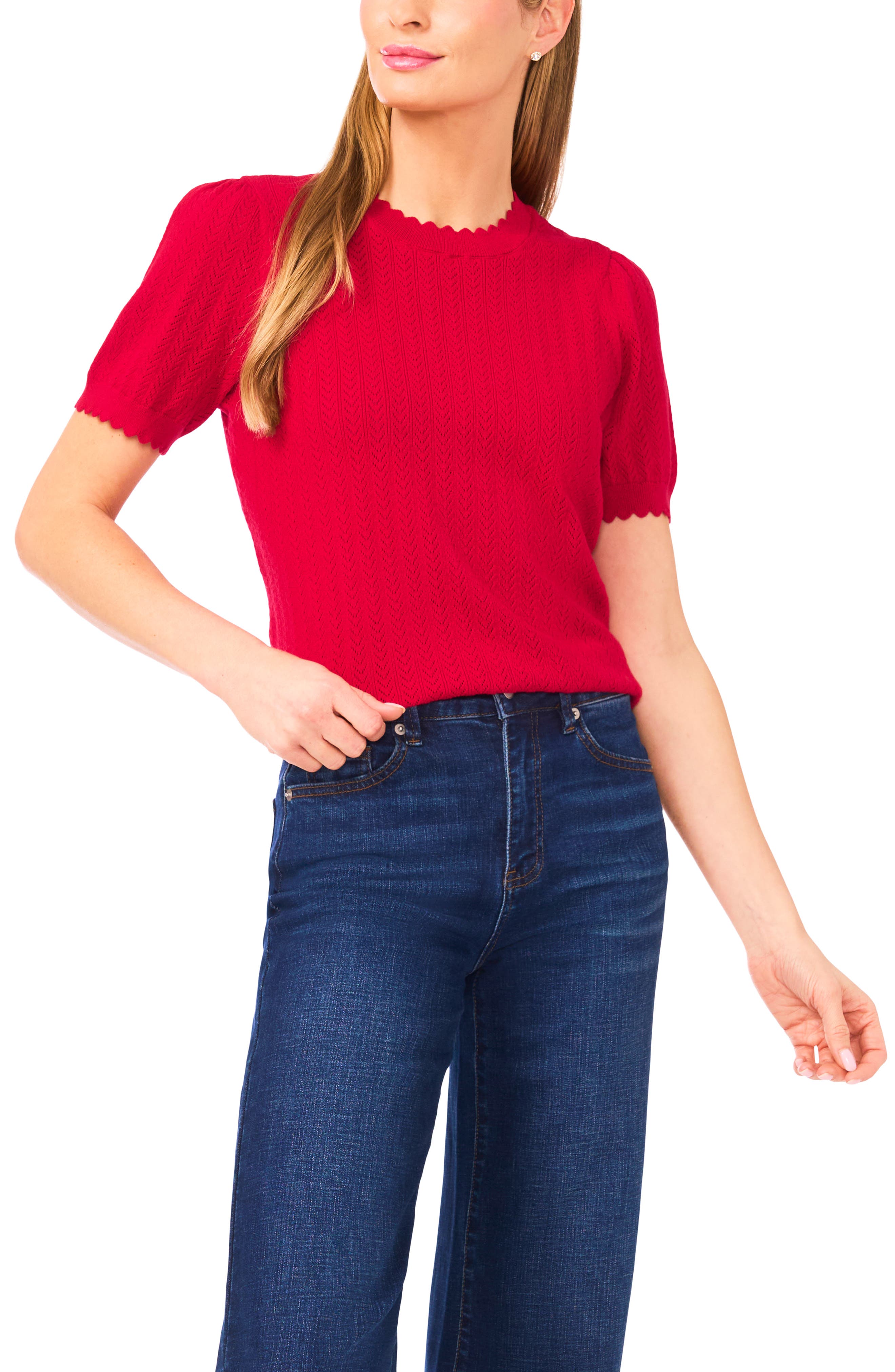 Short Sleeve Pointelle Stitch Sweater - image 5