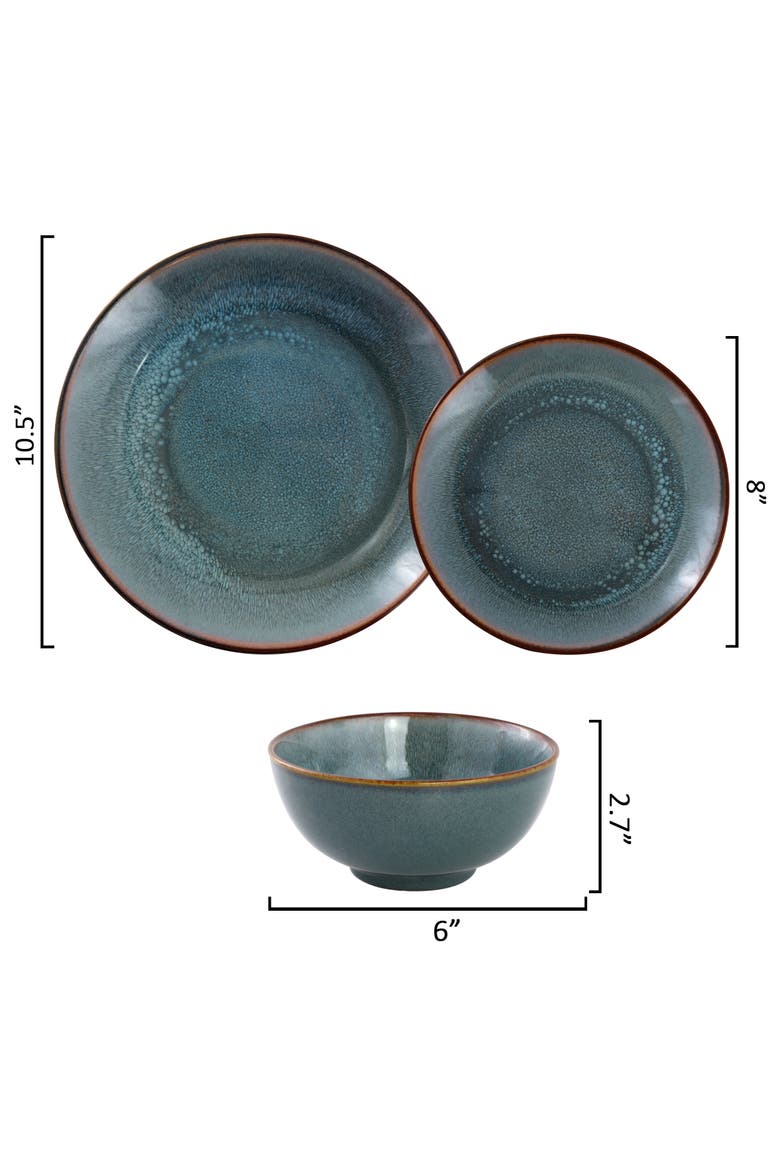 18 Piece Stoneware Dinnerware Set in Blue w/ Brown Rim, Alternate, color, Blue