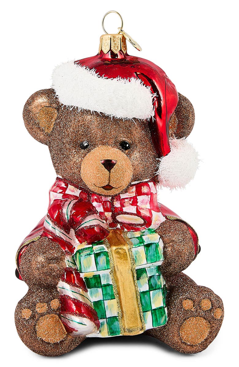 MACKENZIE CHILDS Check it Out Teddy Bear Glass Ornament, Main, color, Brown
