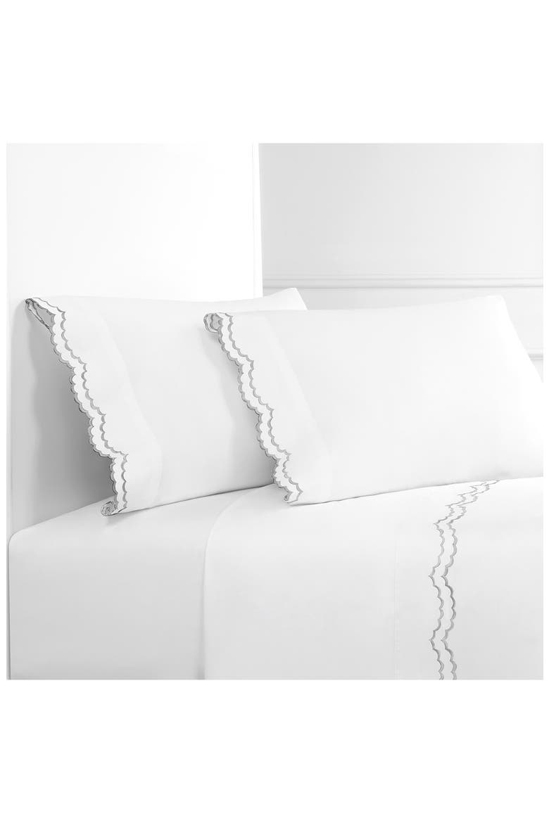 Double Scallop Embroidered 300 Thread Count Cotton Sheet Set, Alternate, color, GREY/WHITE