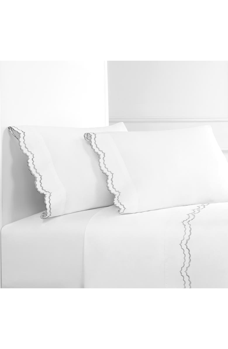 MELANGE HOME Double Scallop Embroidered 300 Thread Count Cotton Sheet Set, Alternate, color, Grey/White