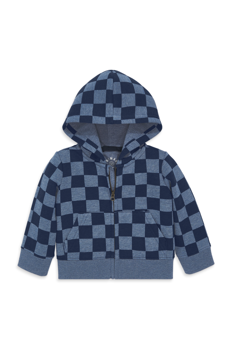 Baby Cozy Fleece Zip Hoodie In Checkerboard, Main, color, Heather Navy Checks