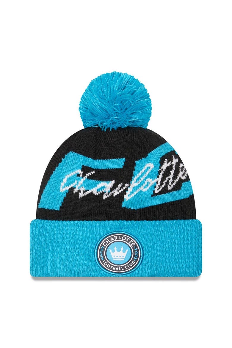 Men's New Era Black Charlotte FC Confident Cuffed Pom Knit Hat, Main, color, Black
