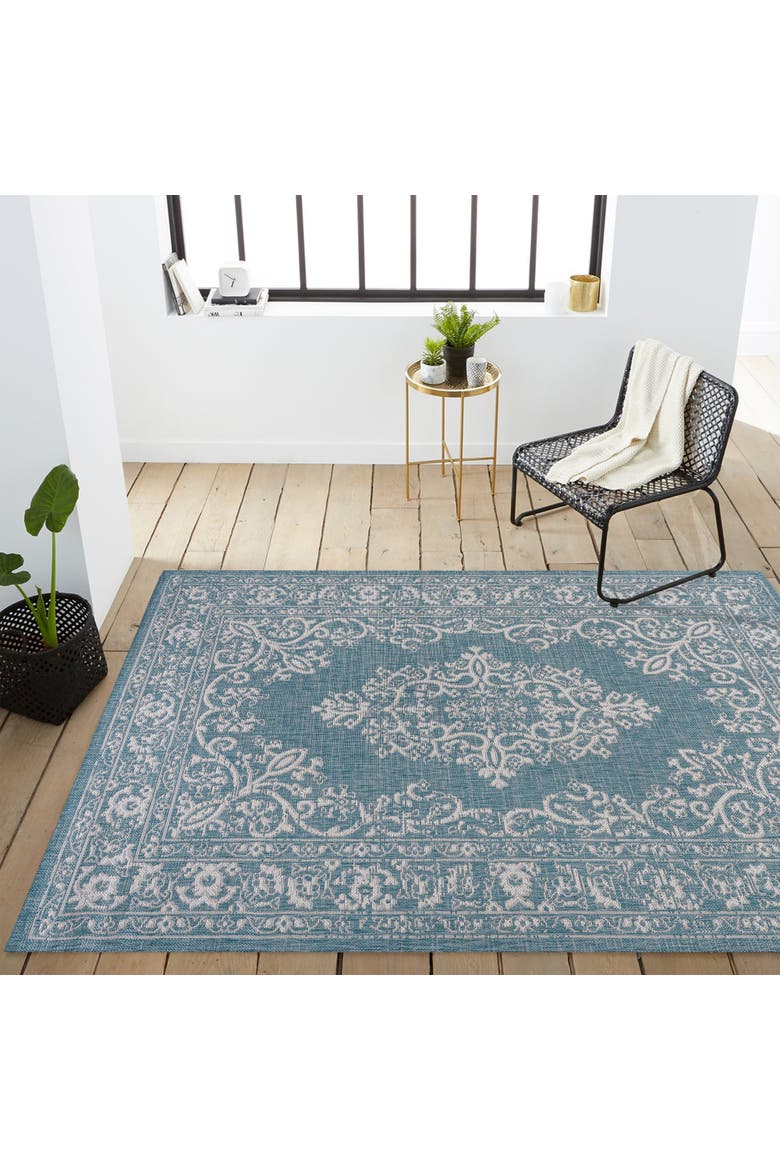 Galon Filigree Indoor/Outdoor Area Rug, Alternate, color, Teal/Ivory