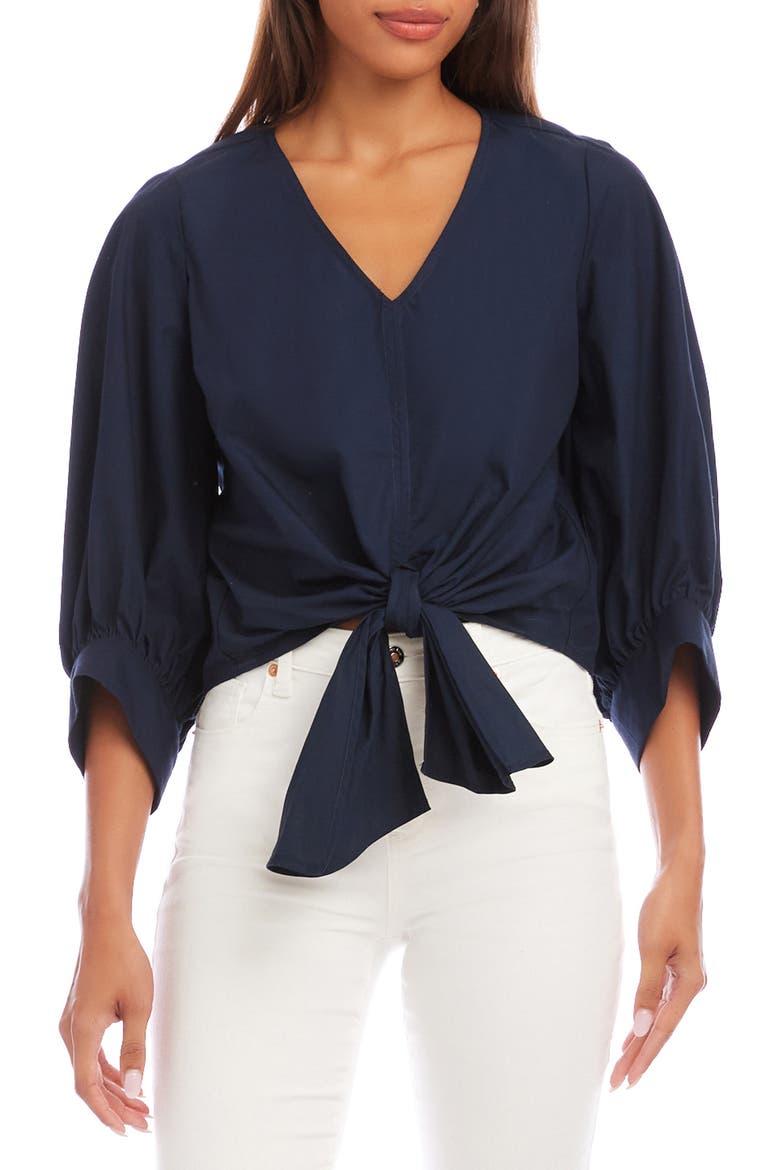Tie Front Cotton Top, Main, color, NAVY