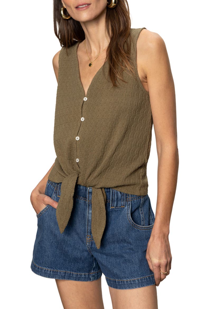 Vacation Textured Tie Front Button-Up Tank, Main, color, BURNT OLIVE