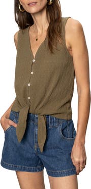 Sanctuary Vacation Textured Tie Front Button-Up Tank