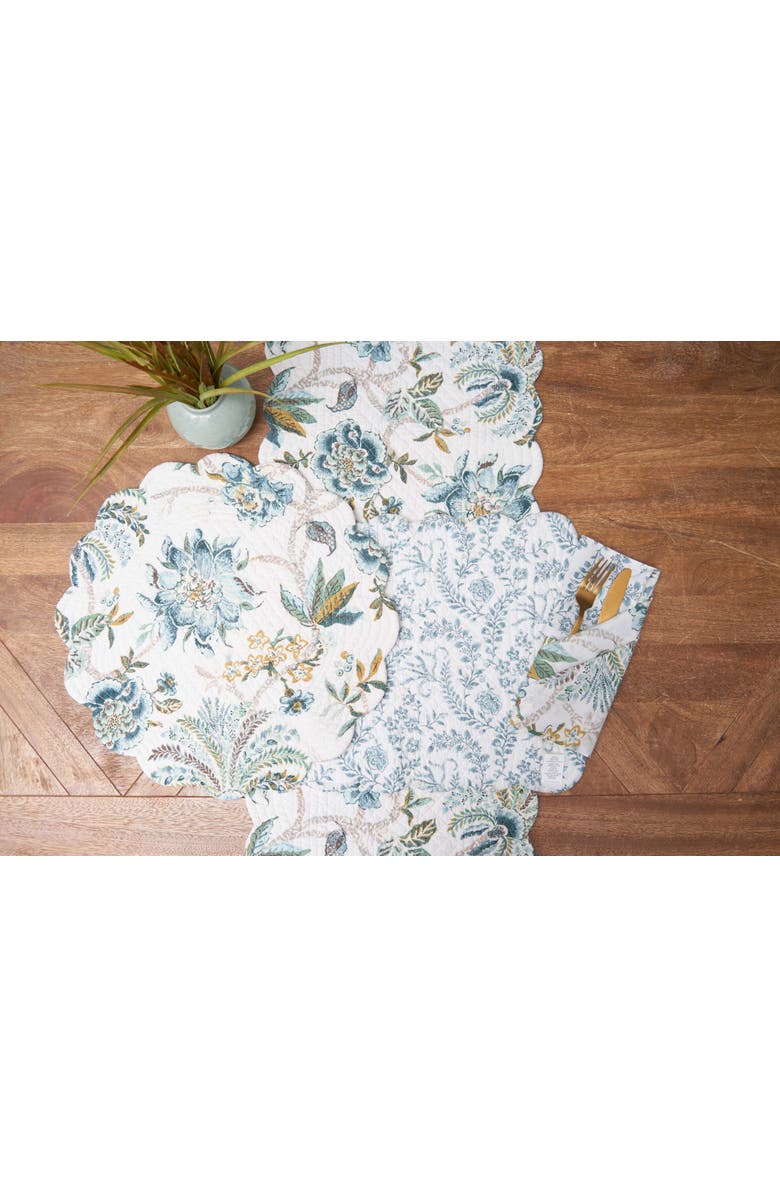 C&F Home Braganza Teal Rectangle Cotton Table Runner 14" x 51" Floral Design All Seasons Kitchen Dining Dinner Table Tablerunner Decor Decoration, Alternate, color, Blue