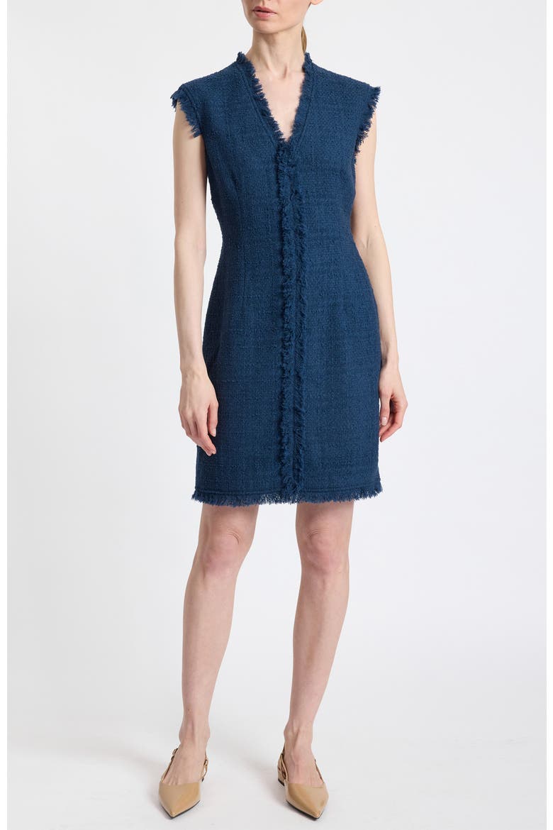 Tuscany Sleeveless V-Neck Tweed Dress with Fringe Detail, Alternate, color, Steel Teal