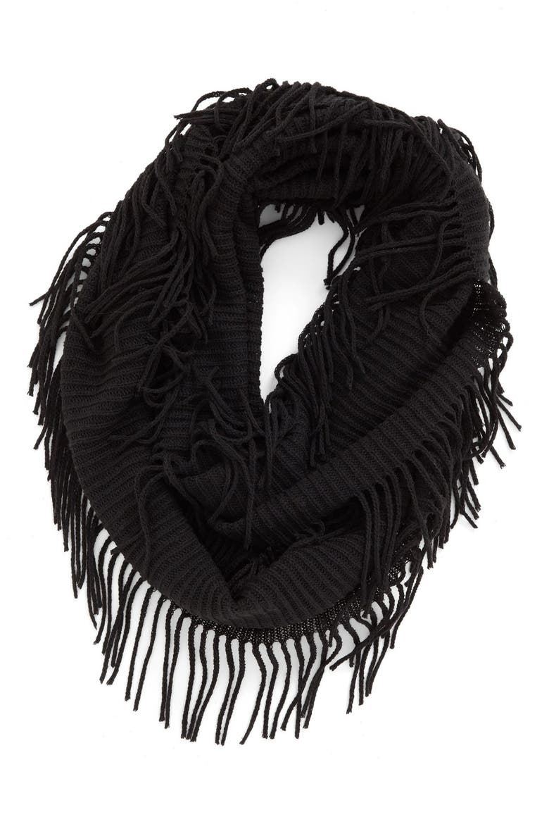 Rib Knit Fringe Infinity Scarf, Main, color, BLACK