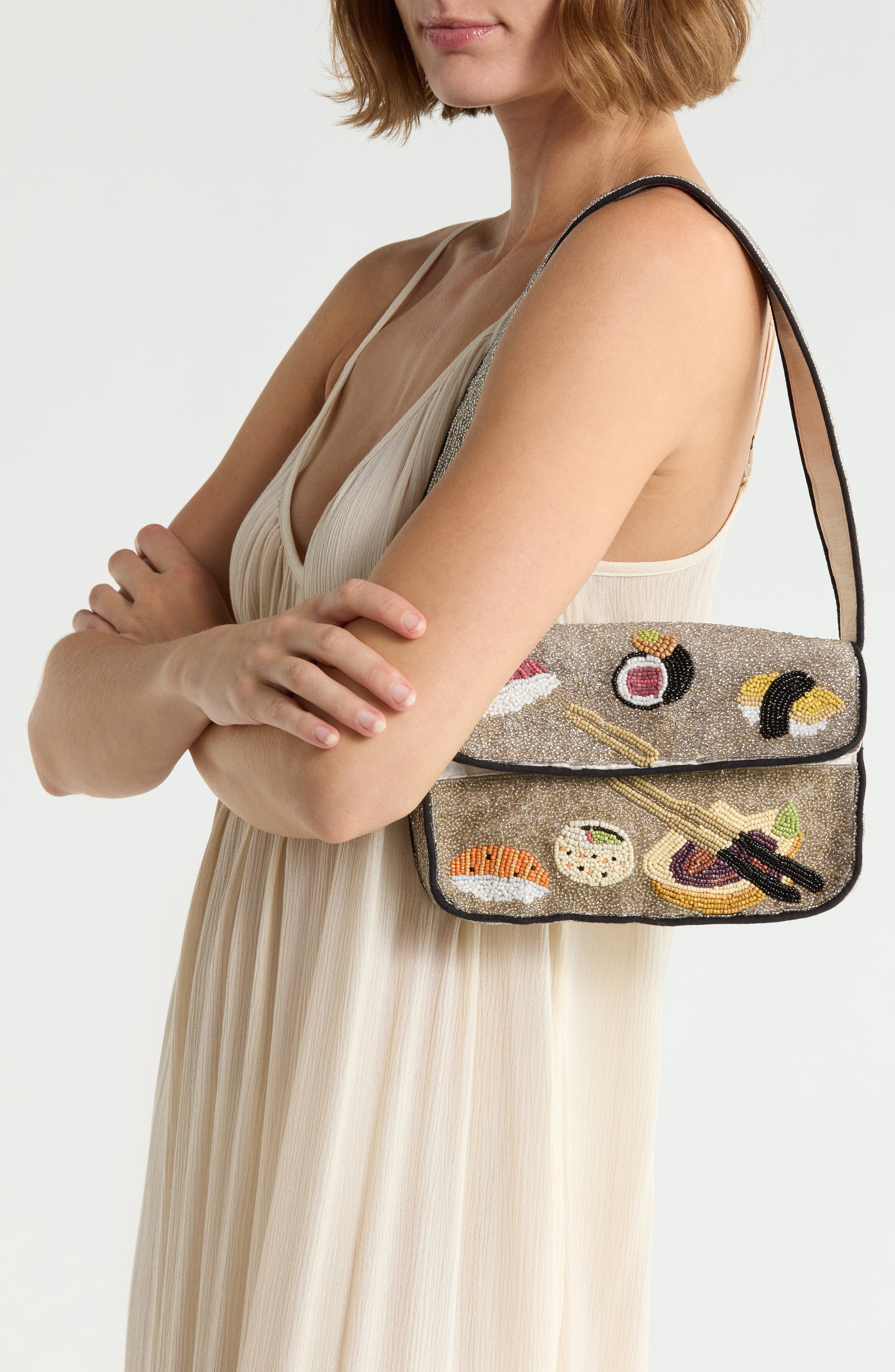 Beaded Sushi Baguette Shoulder Bag, Alternate, color, SILVER MULTI