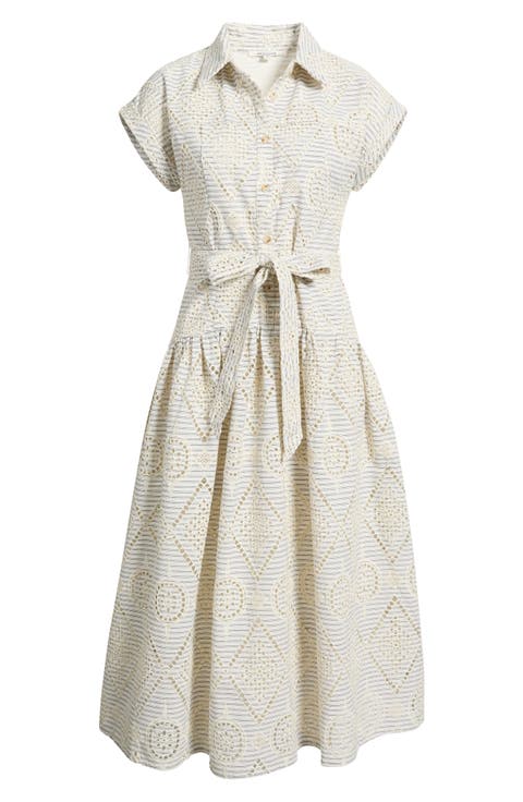 Stripe Eyelet Tie Waist Midi Dress
