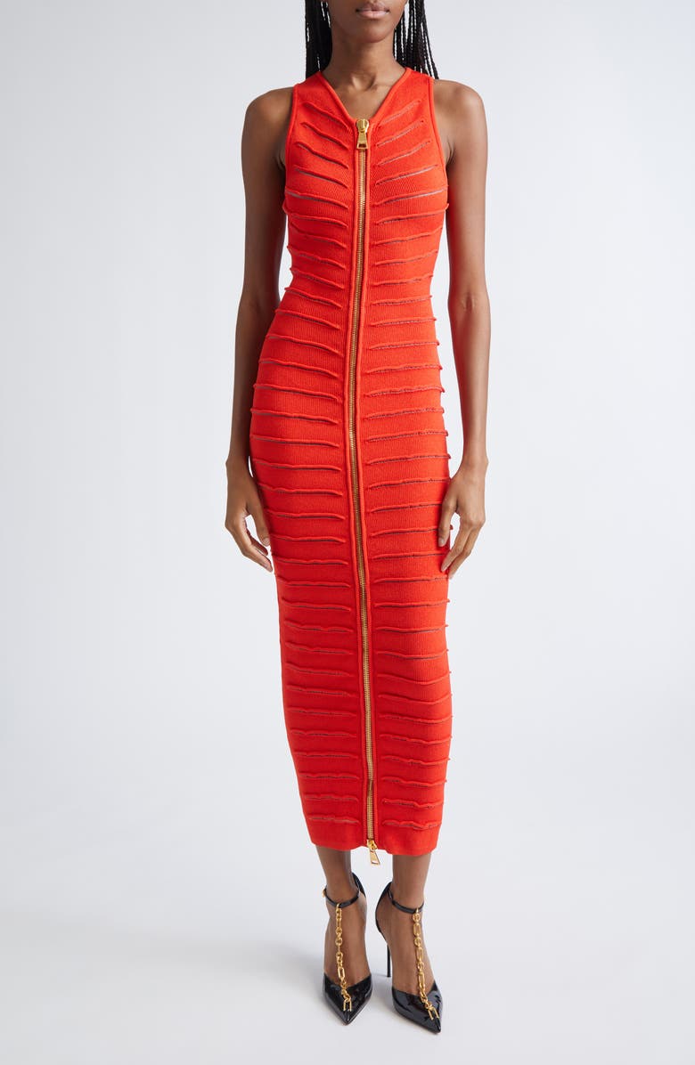 Balmain Crocodile Knit Midi Sweater Dress, Main, color, 3Cl Red