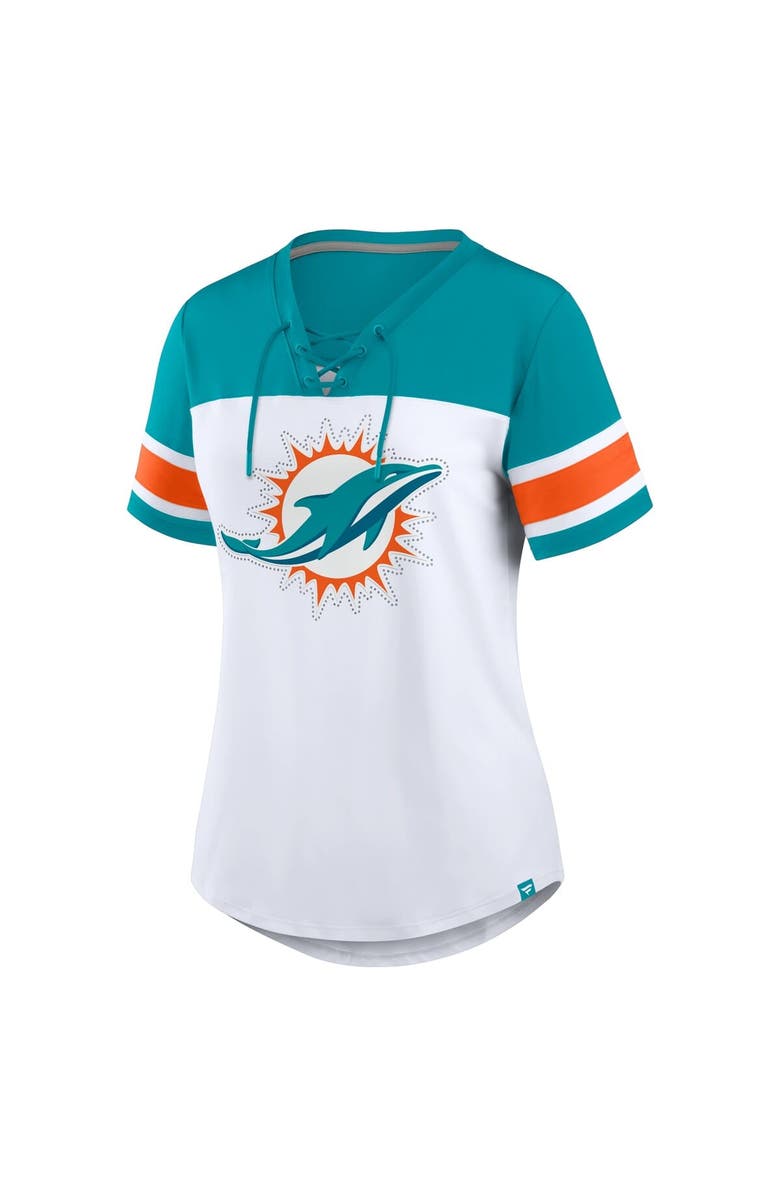 FANATICS Women's Fanatics White/Aqua Miami Dolphins Athena Rhinestone Lace-Up V-Neck T-Shirt, Alternate, color, White