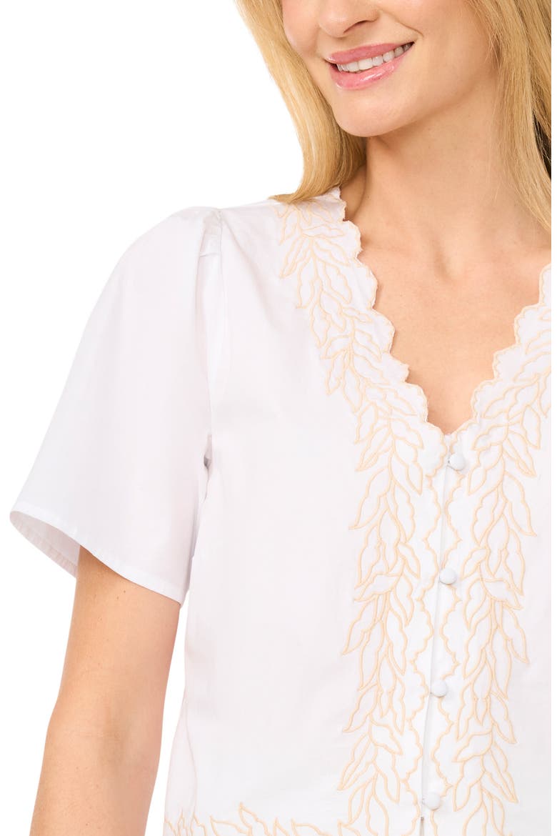 Embroidered V-Neck Crop Stretch Cotton Button-Up Shirt, Alternate, color, ULTRA WHITE