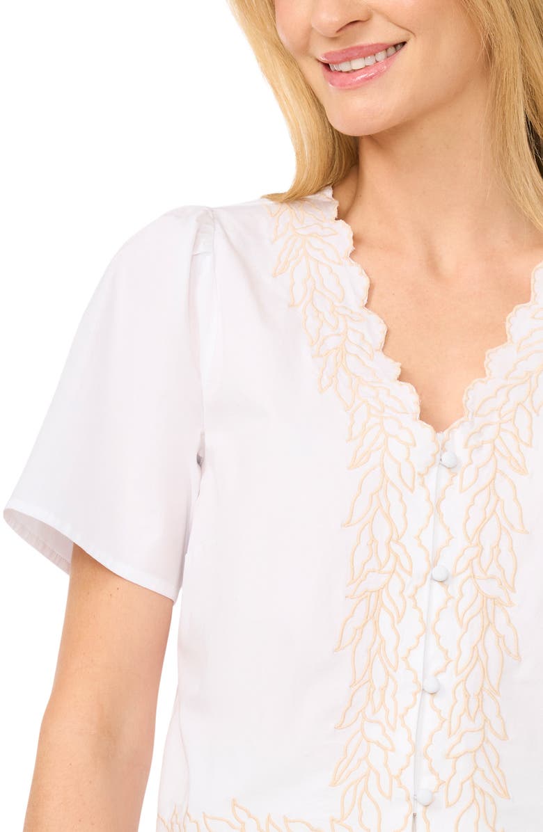 CeCe Embroidered V-Neck Crop Stretch Cotton Button-Up Shirt, Alternate, color, 