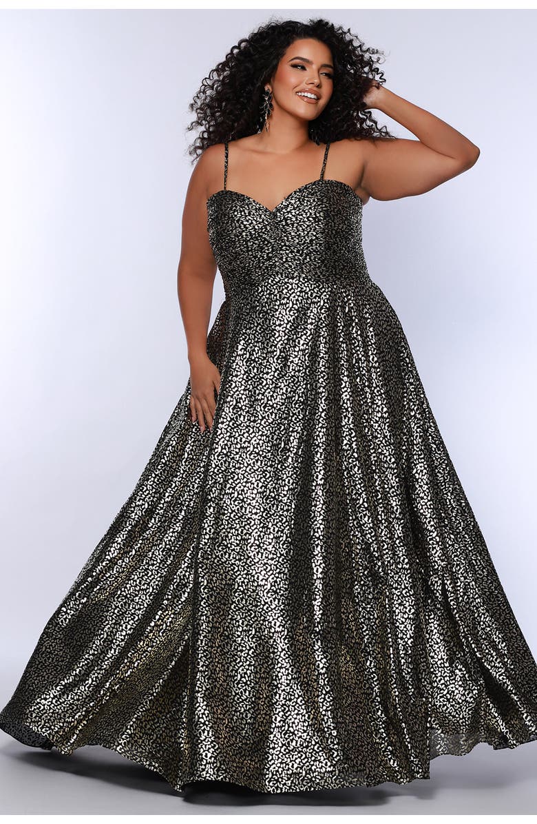 Sydney's Closet Animal Print Spaghetti Strap Plus Size A-Line Gown, Main, color, Animal Print