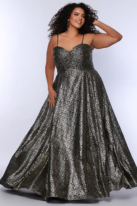 Animal Print Spaghetti Strap Plus Size A-Line Gown