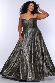 Sydney's Closet Animal Print Spaghetti Strap Plus Size A-Line Gown