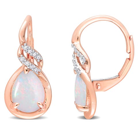 Opal & Diamond Leverback Earrings 10K