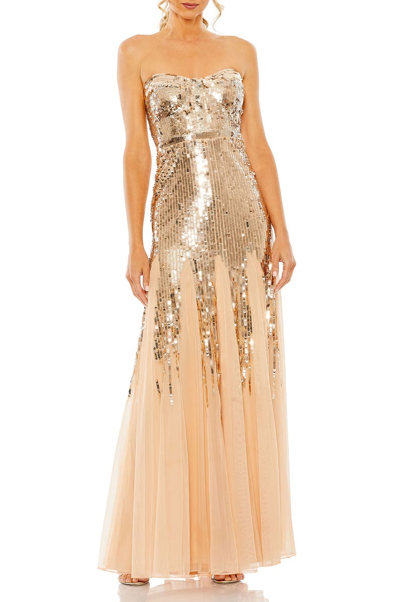 Mac Duggal Sleeveless Sequin Sweetheart Mesh Gown, Main, color, Rose Gold