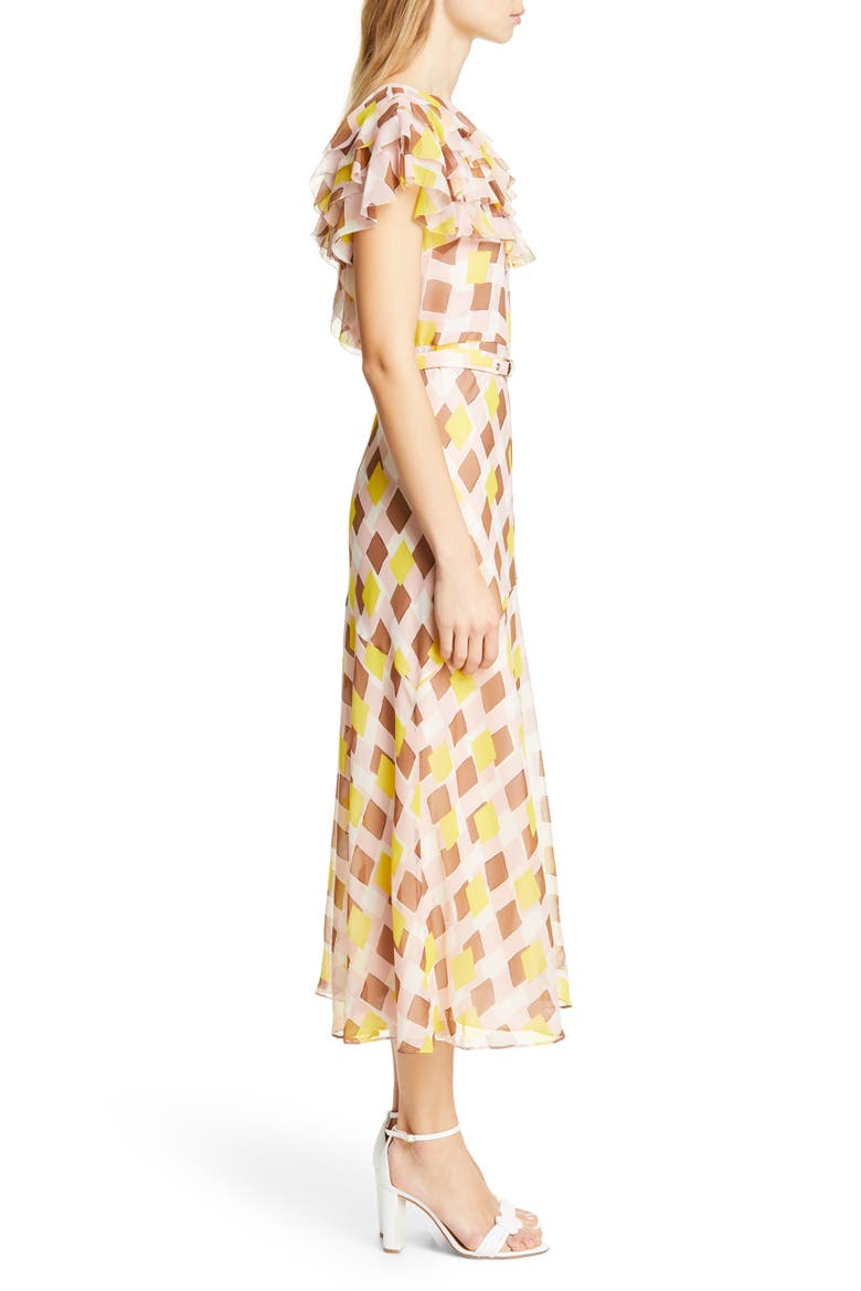 geo print ruffle silk midi dress, Alternate, color, STRAWBERRY MOCHI