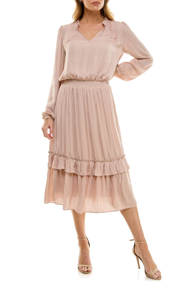 Socialite Tiered Long Sleeve Satin Dress, Alternate, color, Tan Blush