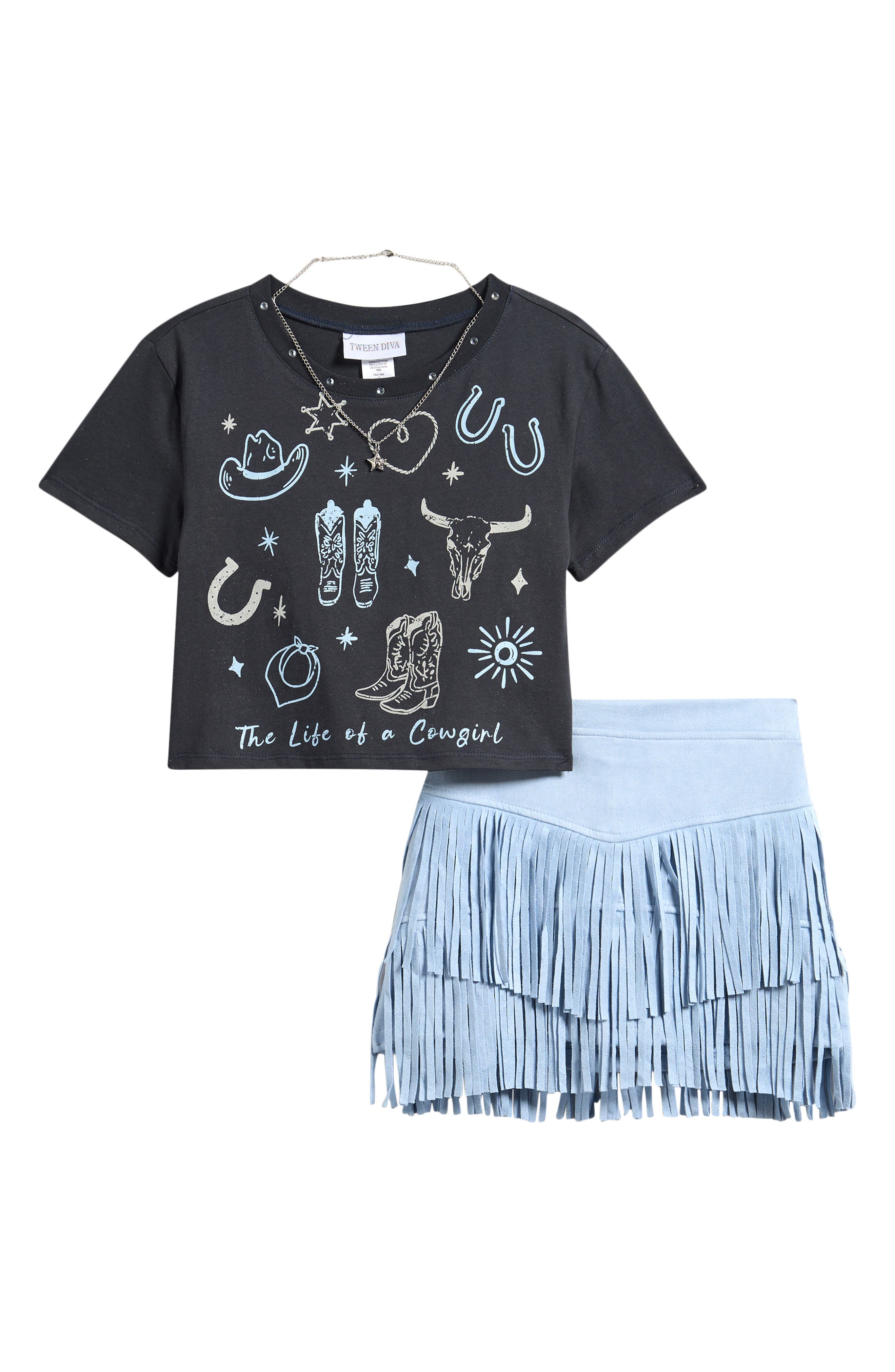 Kids' Graphic T-Shirt & Fringe Skirt Set