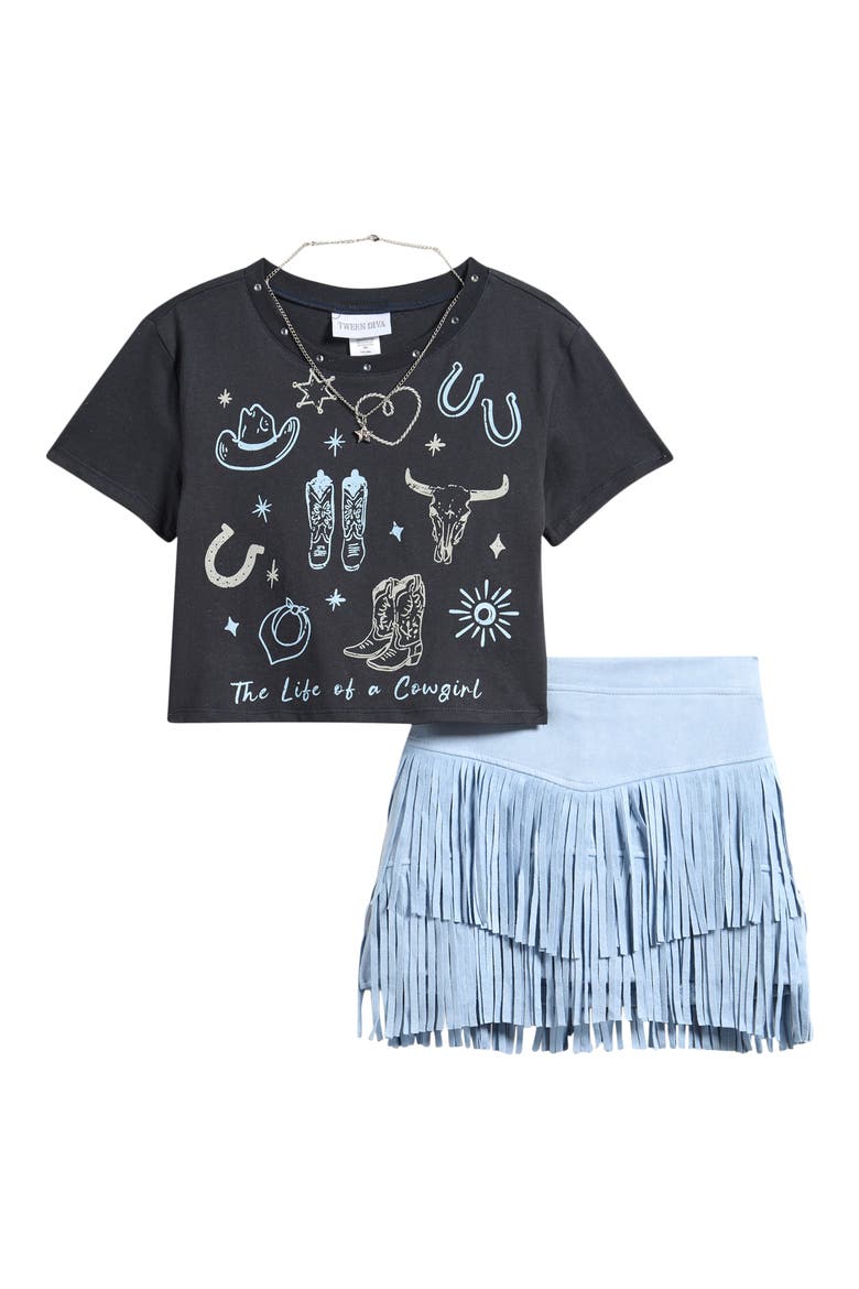 Kids' Graphic T-Shirt & Fringe Skirt Set, Main, color, CHARCOAL