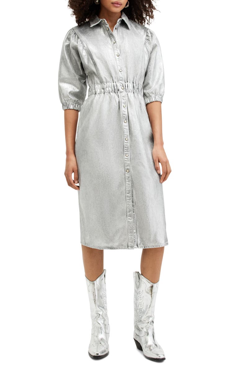 AllSaints Osa Metallic Puff Sleeve Denim Shirtdress, Alternate, color, Metallic Silver