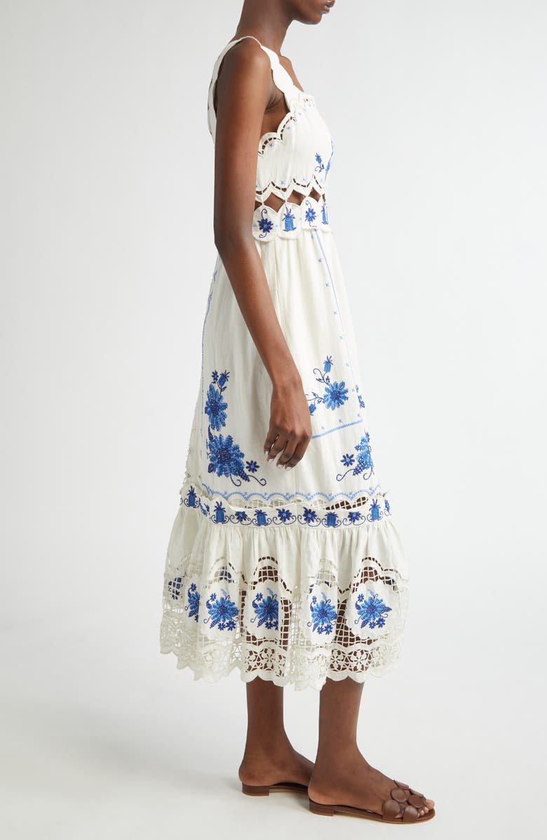 FARM Rio Richilieu Embroidered Linen Blend Midi Sundress, Alternate, color, Off-White