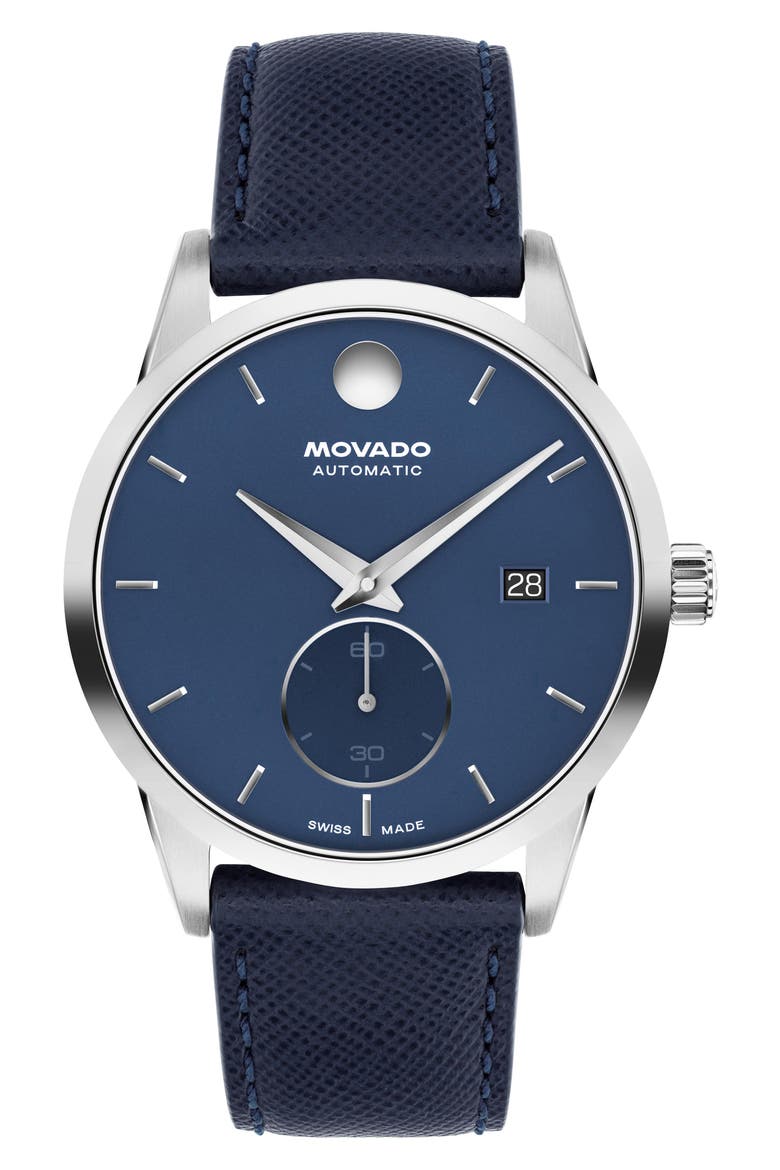 Museum Taga Automatic Leather Strap Watch, Main, color, BLUE