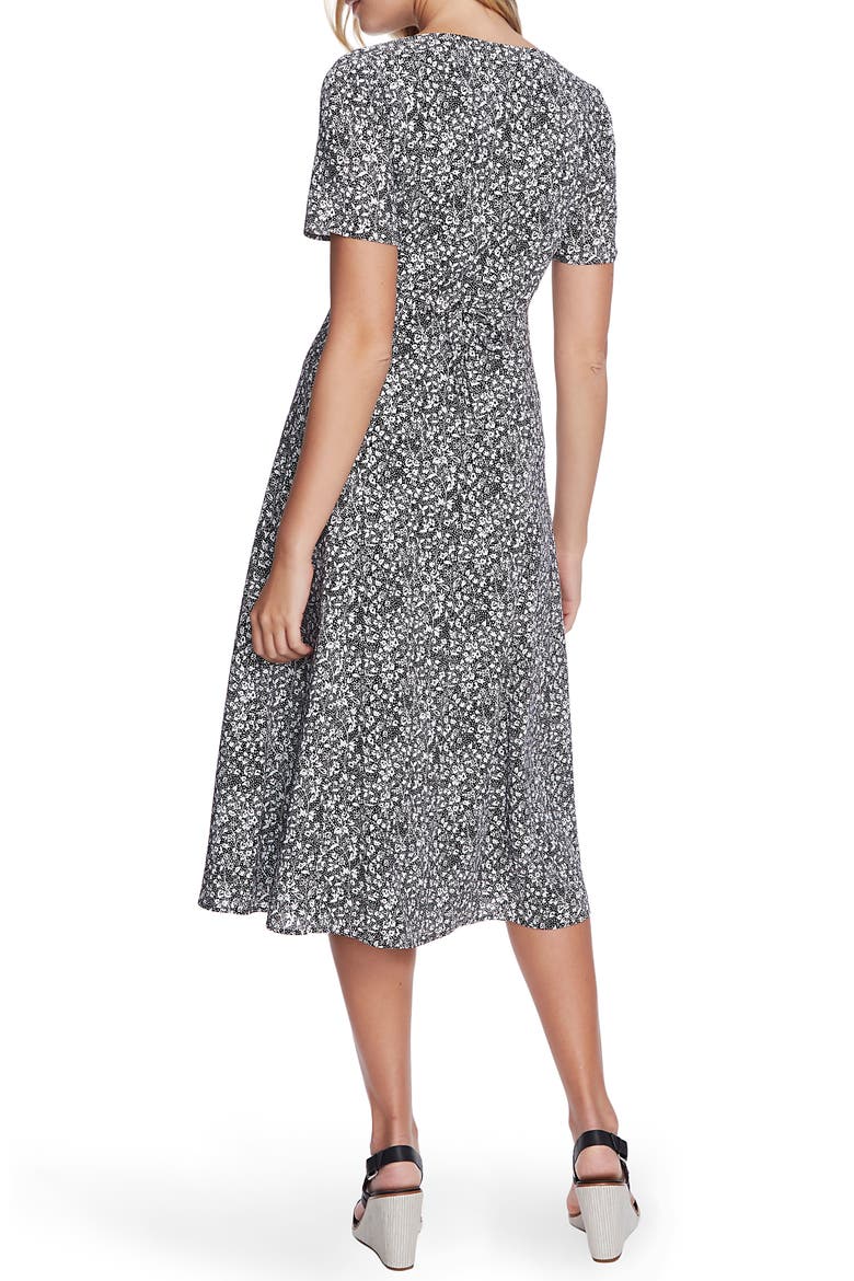 Floral Folk Silhouette Button Front Midi Dress, Alternate, color, RICH BLACK