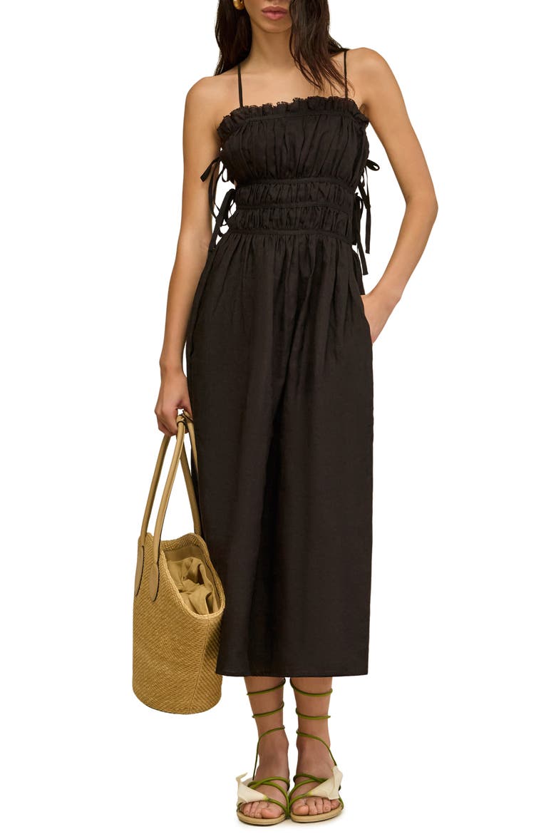 Lola Ruched Stretch Linen Blend Sundress, Main, color, BLACK