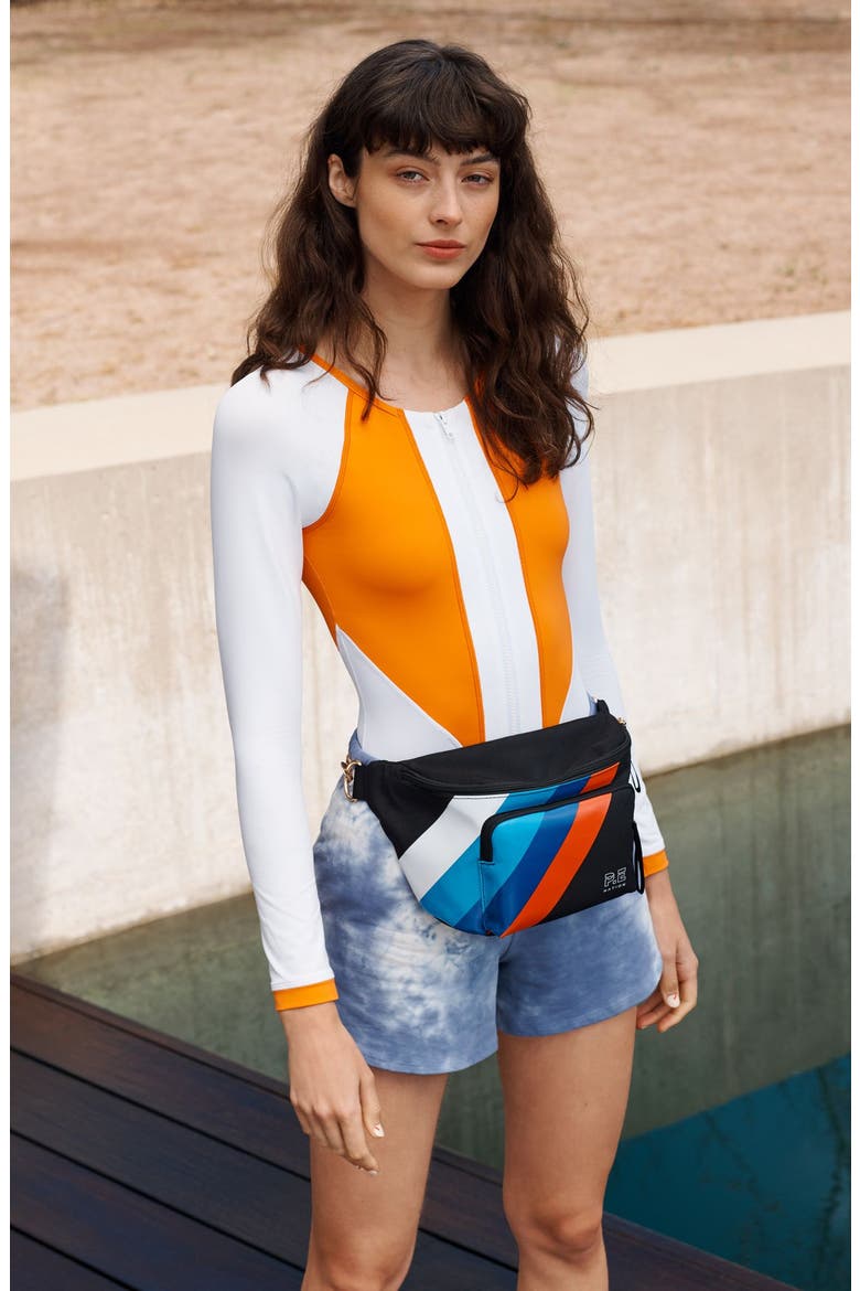 L Space Mod Front Zip Long Sleeve One-Piece Swimsuit, Alternate, color, CREAM/ PERI/ CHESTNUT