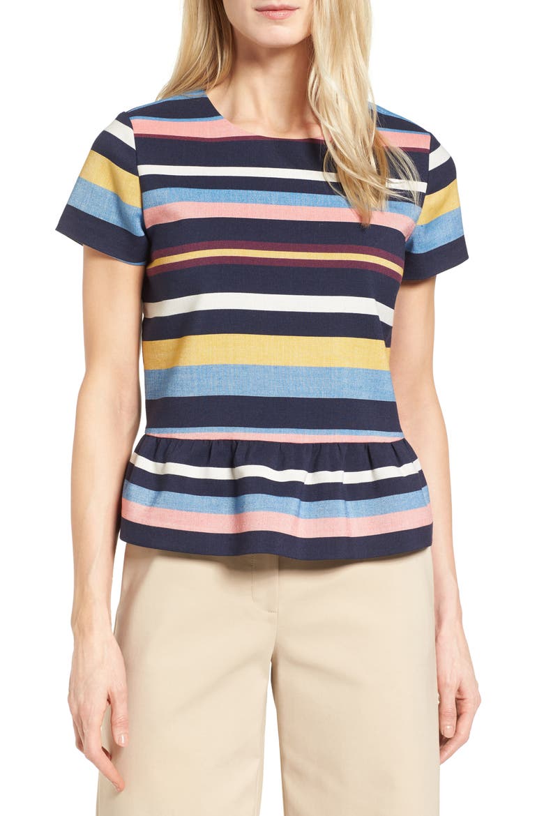 SHORT SLEEVE PEPLUM TOP, Main, color, NAVY- CORAL STRIPE