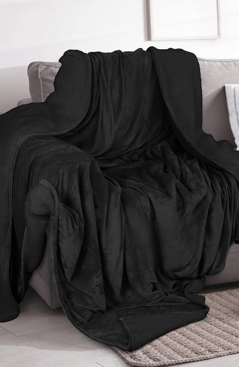 Woven & Weft Faux Shearling Fleece Throw Blanket, Alternate, color, Black