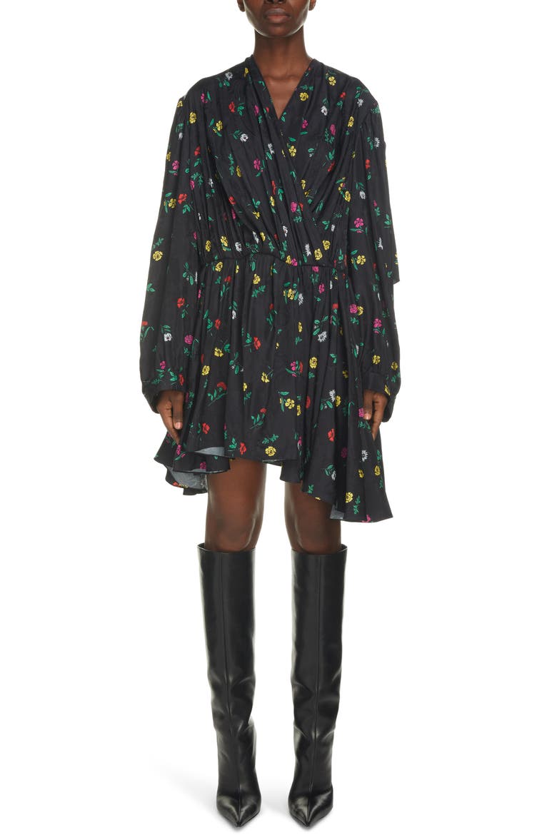 Jacquard Floral Print Long Sleeve Wrap Babydoll Dress, Main, color, BLACK
