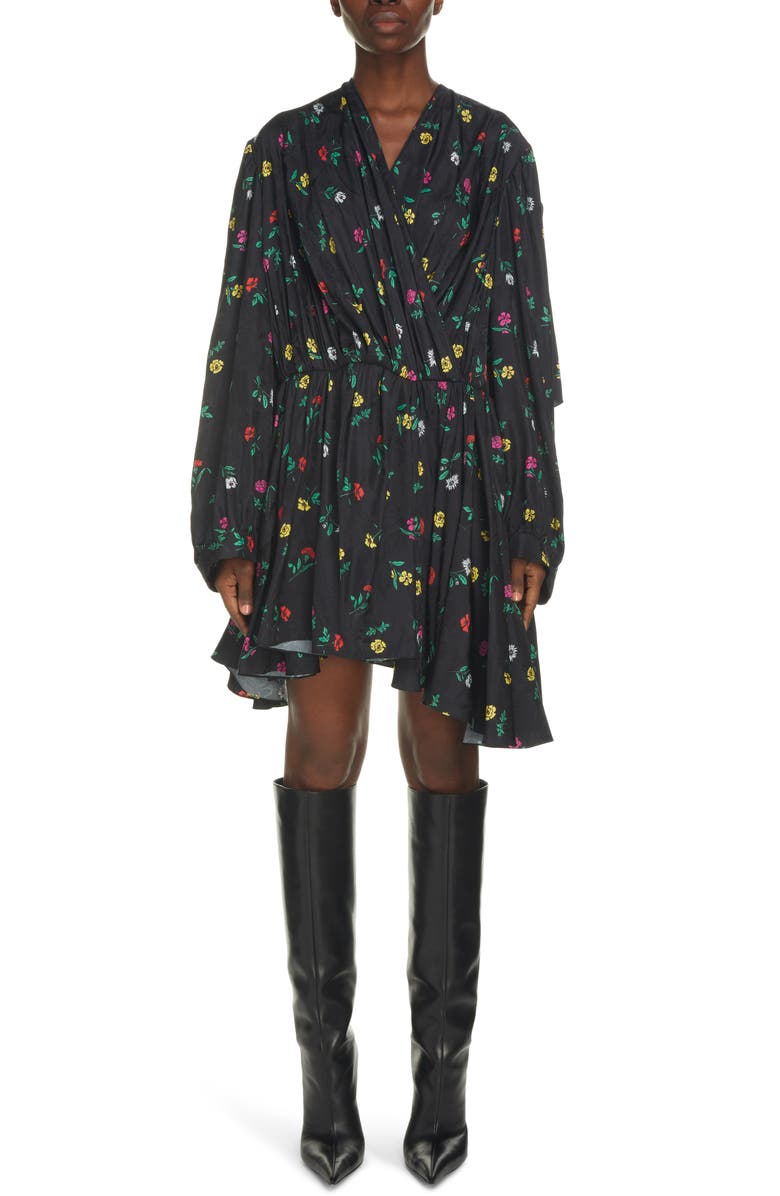 Balenciaga Jacquard Floral Print Long Sleeve Wrap Babydoll Dress, Main, color,