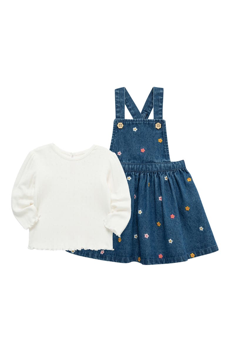 Little Me Long Sleeve T-Shirt & Floral Denim Dress Set, Alternate, color, Navy Multi