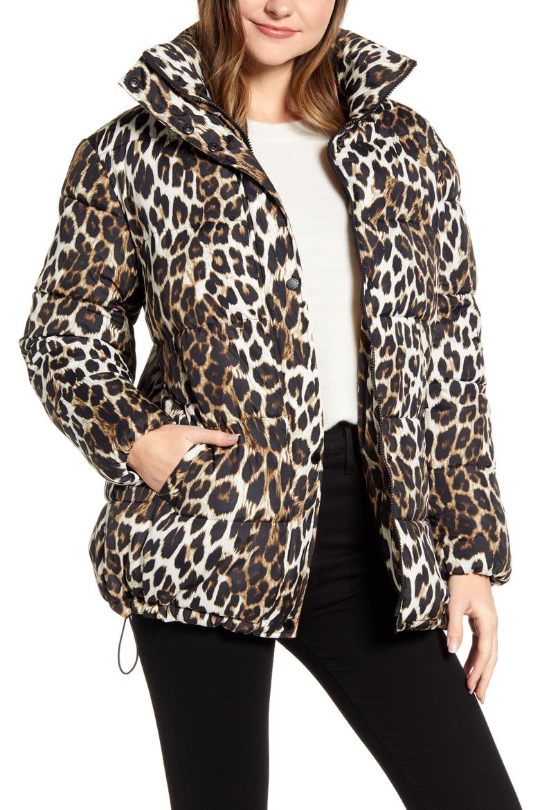 Stand Collar Water Resistant Leopard Print Puffer Coat, Alternate, color, LEOPARD
