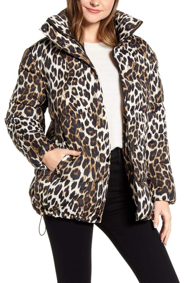 Via Spiga Stand Collar Water Resistant Leopard Print Puffer Coat, Alternate, color,