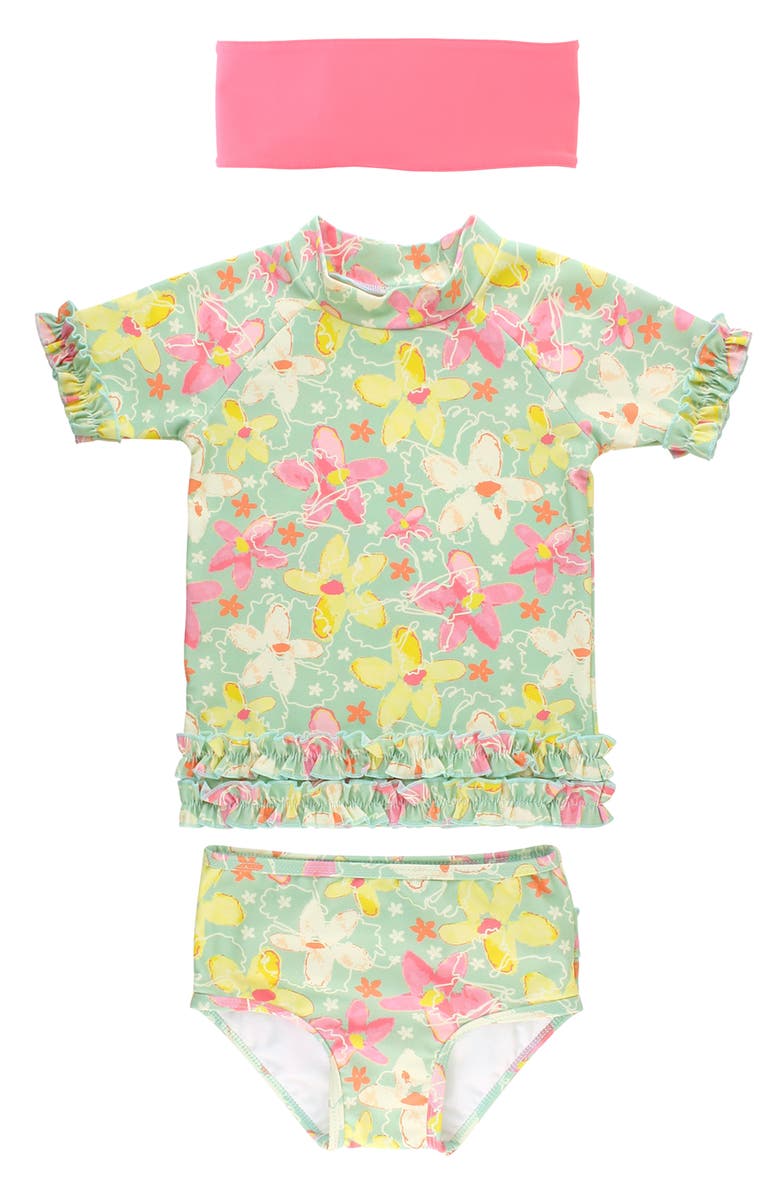 RuffleButts Waltzing On Water Two-Piece Rashguard Swimsuit & Head Wrap Set, Main, color,