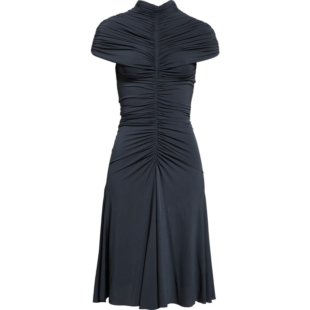 Alaïa Ruched Mock Neck Jersey Fit & Flare Dress In Ardoise